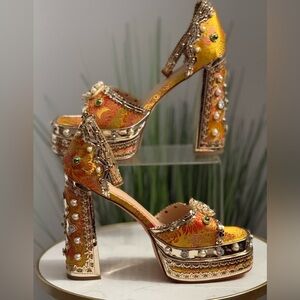 Azalea Wang Embellished Gold and Orange Platform Heels NWOT